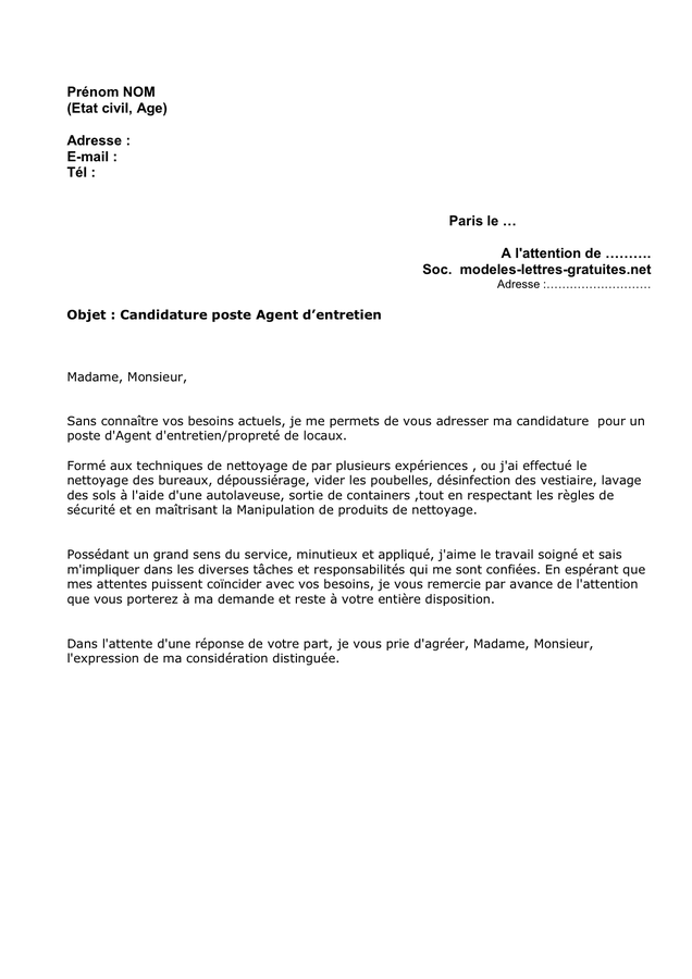 Exemple lettre de motivation pour agent d'entretien 