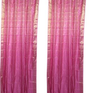 Mogulinterior - 2 India Curtains Mexican Pink Brocade Sari Drapes Golden Border Window Treatment - Brocade SARI Silk Blend
