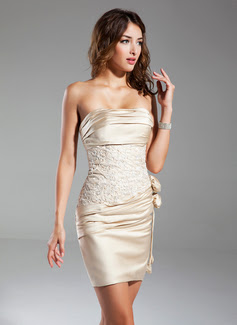 Sheath Strapless Short/Mini Satin Cocktail Dress With Ruffle Lace Flower(s) 