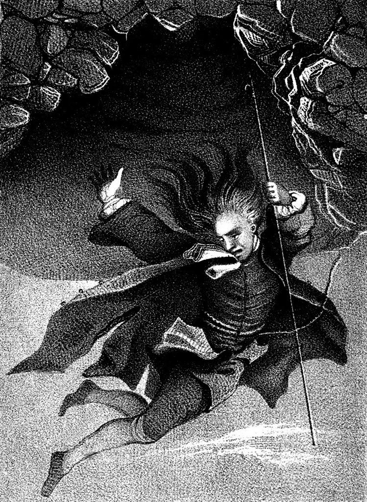 etching of man falling down hole