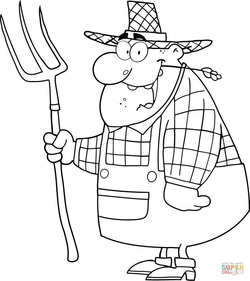 Happy Farmer Man Carrying a pitchfork coloring page | Free Printable