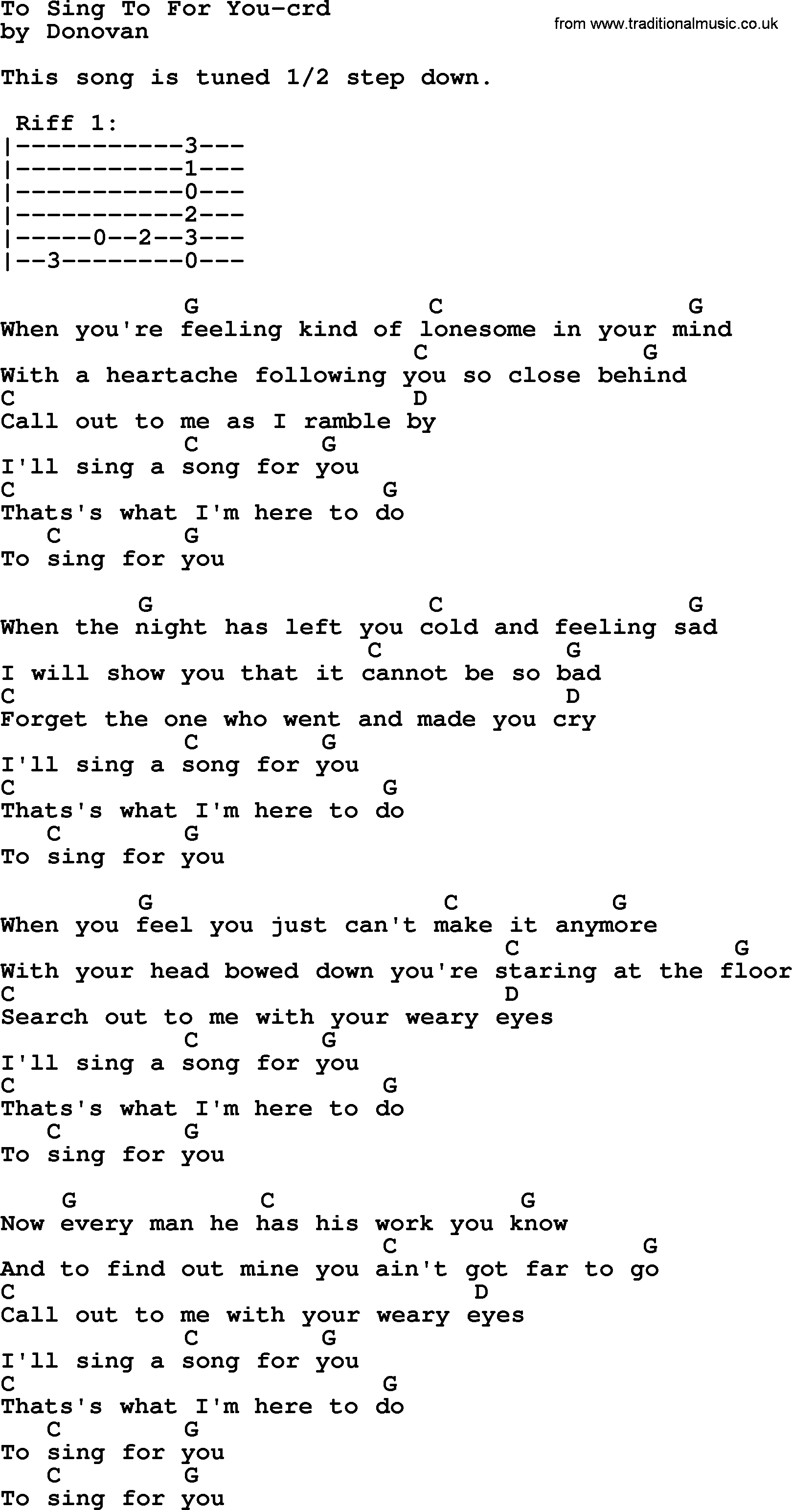 Donovan Leitch Song To Sing To For You Lyrics And Chords