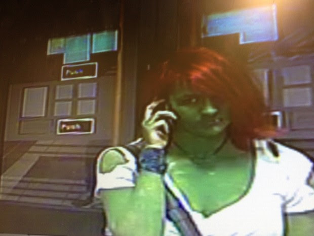Polícia divulgou foto de jovem pintada de verde e cabelo tingido de vermelho acusada de agressão (Foto: Divulgação/North Yorkshire Police)