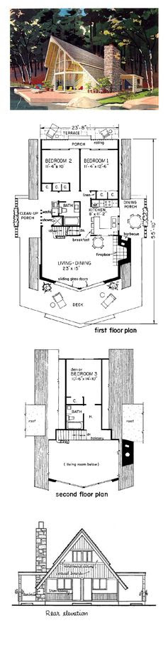 A-Frame House Plan 43048 | Total Living Area: 1274 sq. ft., 3 bedrooms and 2 bathrooms. #houseplan #aframe