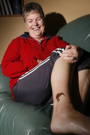 60 year old with a kiwi tattoo. Mrs Mills, a quiet, retired 60 year old 
