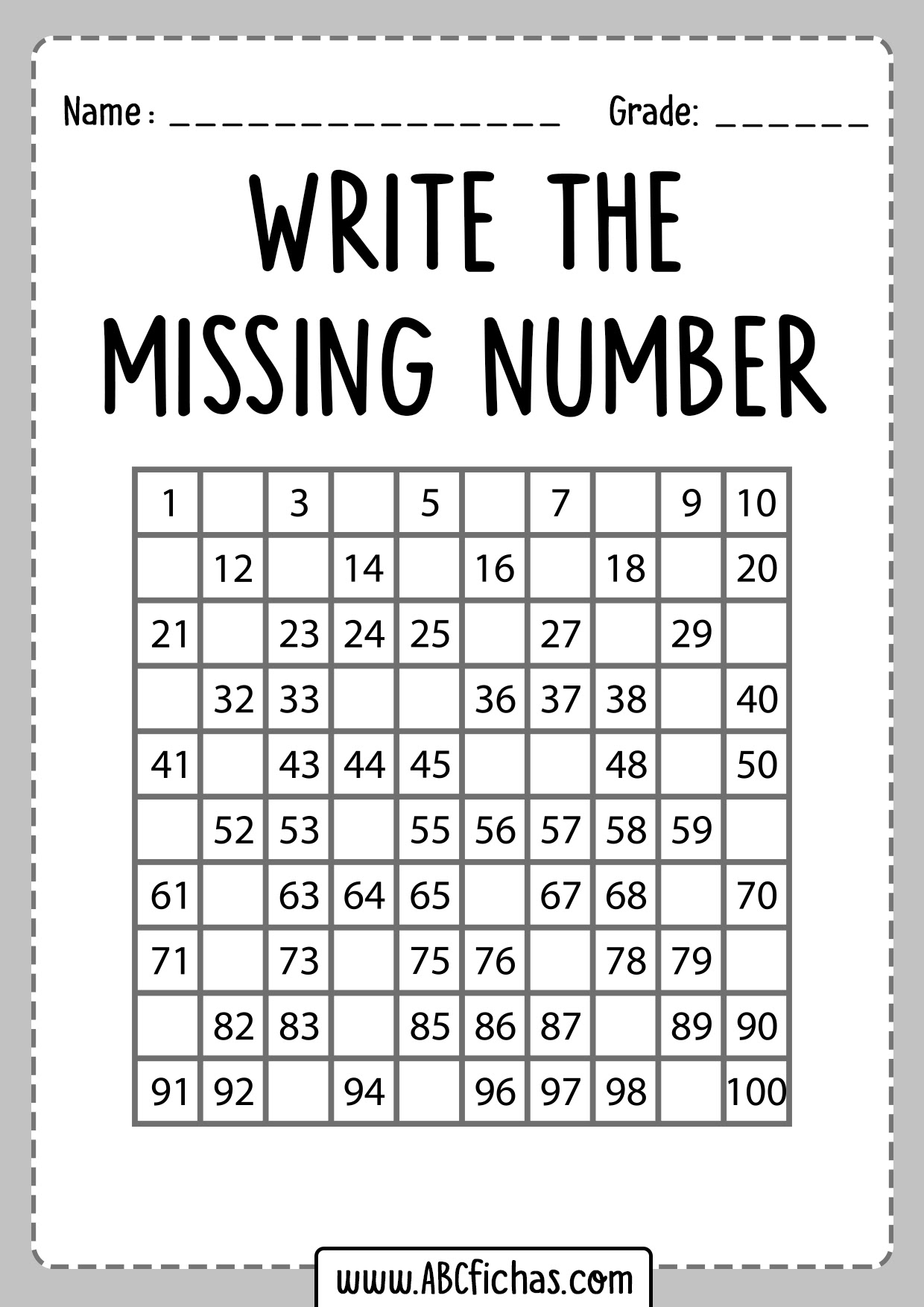 Printable Missing Numbers Worksheets