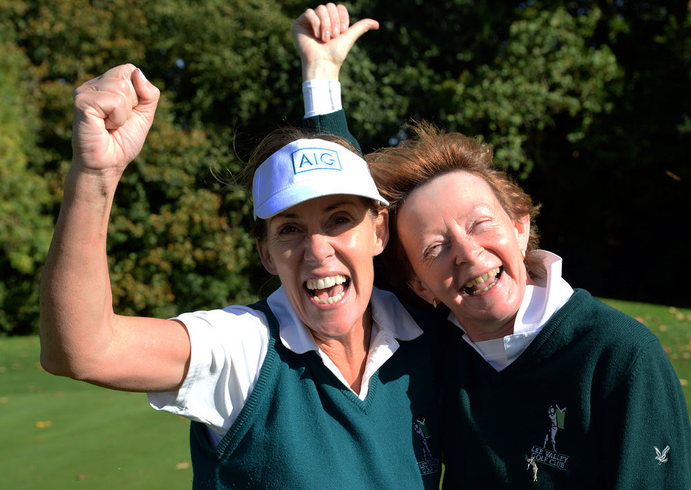 Lee Valley's Deirdre Lee with her caddy Shelly Murray after winning her match on the 19th green to win the Minor Cup at the AIG Ladies Cups & Shields at Malone Golf Club (29/09/2017). Picture by Pat Cashman