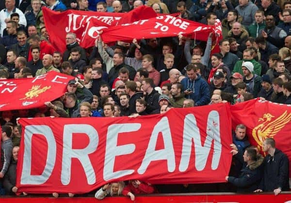 MANCHESTER, ENGLAND - Sunday, March 16, 2014: Liverpool supporters' banner 'Dream' before the Premiership match against Manchester United at Old Trafford. (Pic by David Rawcliffe/Propaganda)