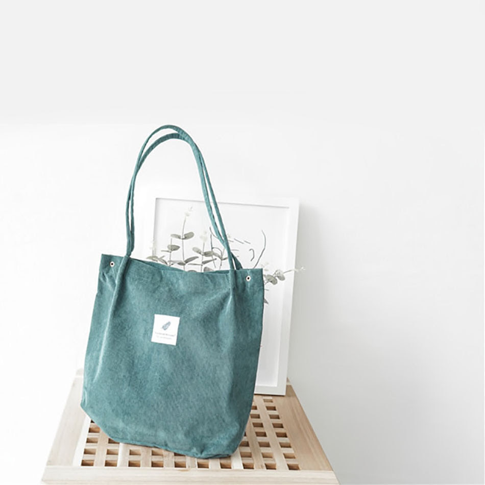 Blue Corduroy Shoulder Bag With Woven Label