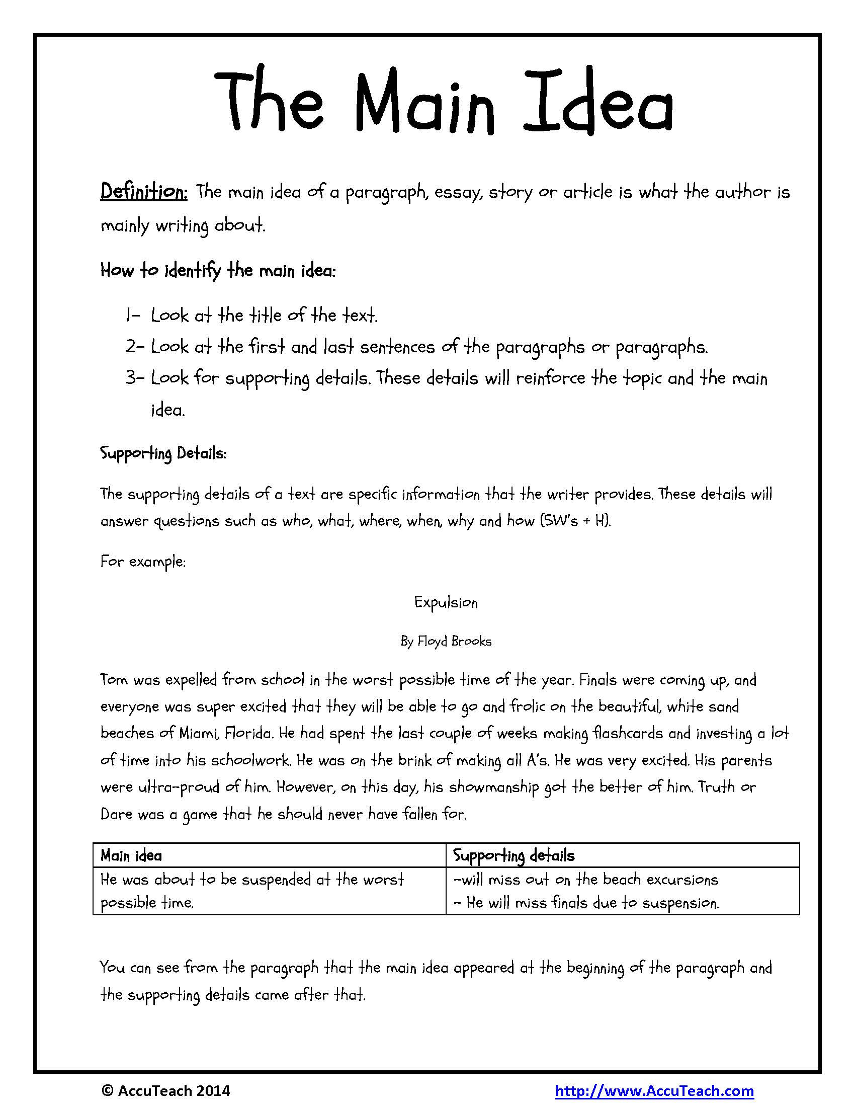 Reading Comprehension Strategy Main Idea