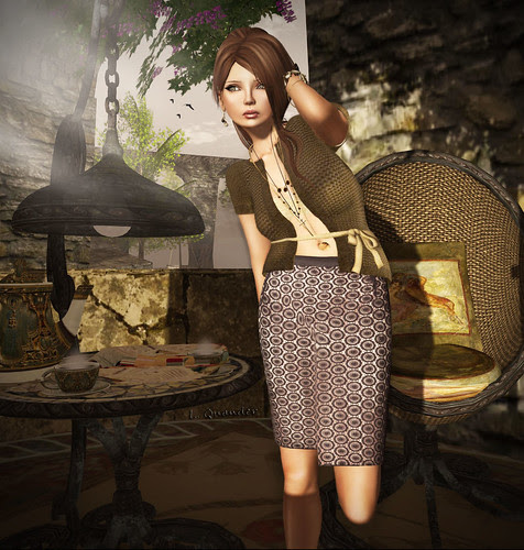 Mimikri - Cardigan-Romy-Gold & Romy Pencil Skirt - Espresso