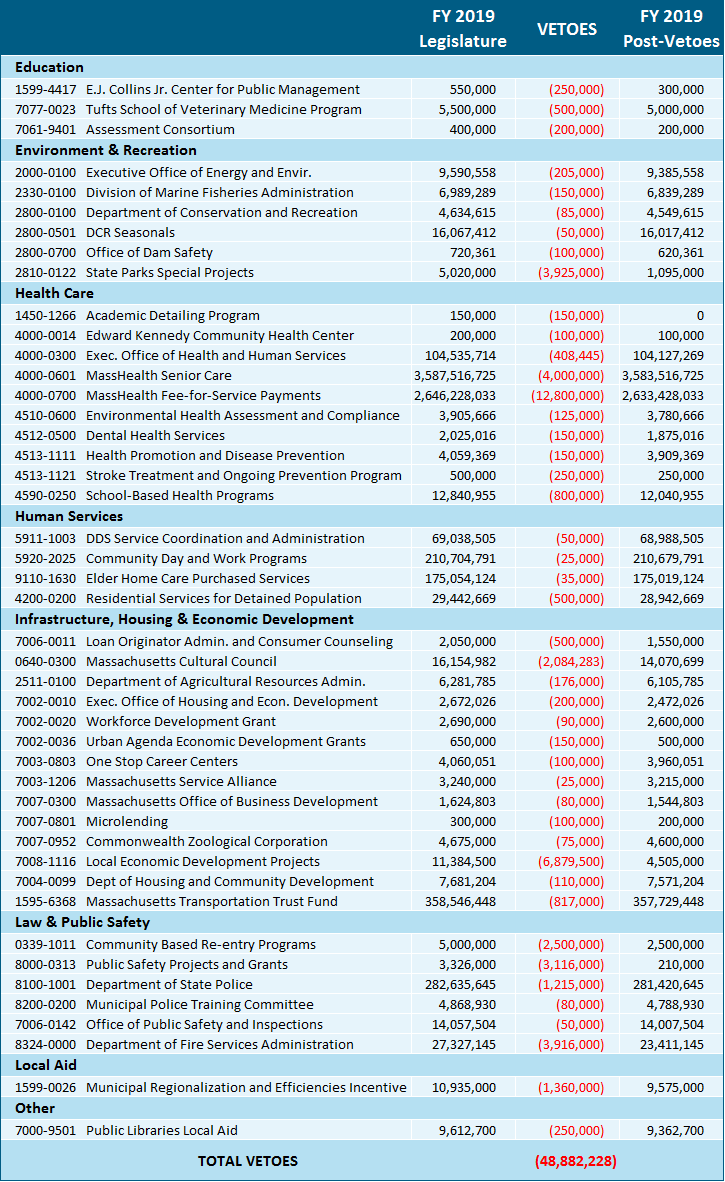 Summary of the Governor's vetoes to the FY 2019 budget
