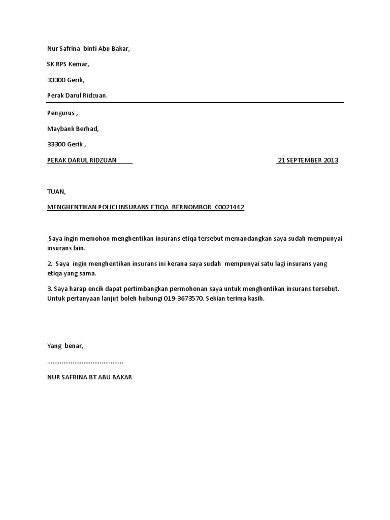 Contoh Surat Berhenti Insurans Prudential