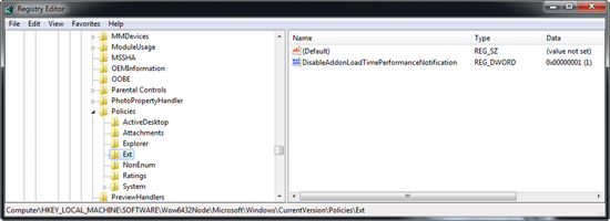 Disable add-ons popup via registry 32