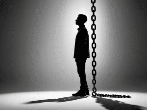 This image visualizes a person breaking the chains that symbolize limiting beliefs, illustrating a transformative moment of personal liberation. Behind them, the silhouette of a confidence coach stands as a guiding presence. The background shifts from dark to light, metaphorically depicting the individual's journey from doubt to enlightenment under the empowering guidance of mindset and confidence coaching.