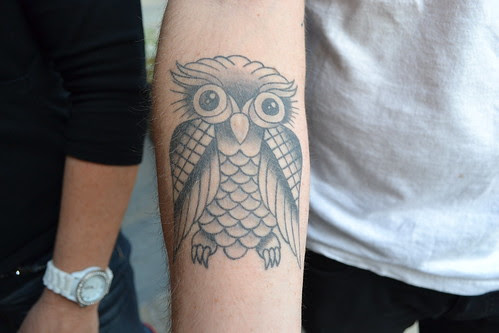 black and white owl tattoos. white black green tattoo