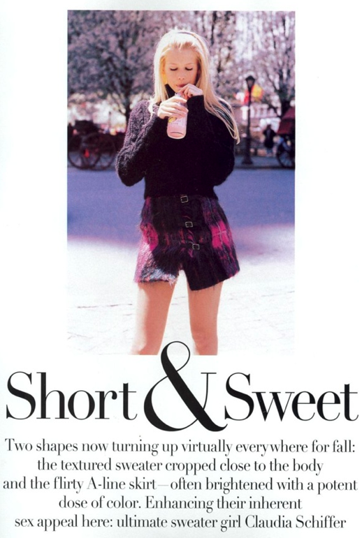 LE FASHION BLOG CLAUDIA SCHIFFER VOGUE 1994 SHORT AND SWEET EDITORIAL SHORT SKIRTS FUZZY KNIT SWEATERS CLUELESS INSPIRED BUCKLE PLAID COLORFUL BRIGHT ANGORA MOHAIR SHORT SLEEVE CARDIGAN CAP TOE CHANEL HEELS LONG BLONDE HAIR BEAUTY NEW YORK CITY NYC 1990s