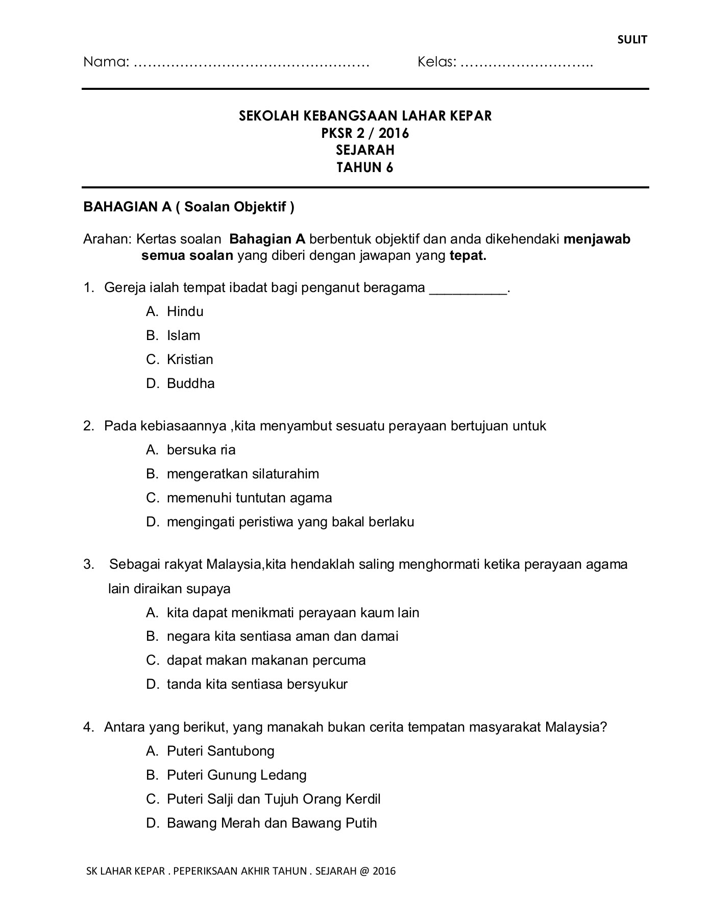 Soalan Sejarah Bulan Mac Tahun 6