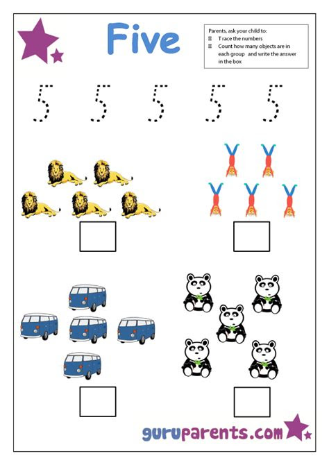 In this number 5 worksheet kids identify, write, and color with tally marks, base 10 blocks, objects and more! preschool number activities guruparents