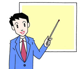無料ビジネス向けイラスト 社内プレゼンテーション セミナー講師 ホワイトボード 差し棒 説明する人