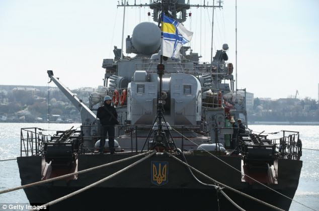 The Ukrainian warship Ternipol lays anchored in Sevastopol, Ukraine. Russian warships are standing nearby to prevent the Ternipol and the larger Slavutych from departing as a blockade by Russian-led forces of Ukrainian military facilities and assets continues on Crimea