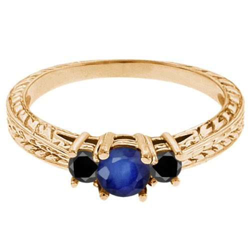 0.60 Ct Round Blue Sapphire Black Diamond 18K Yellow Gold 3-Stone Ring