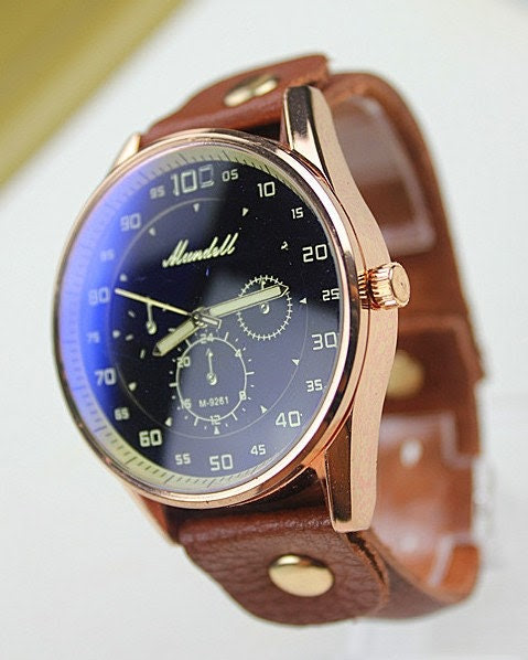 Men Leather Watch Big Face Blue Face Wrist Watch