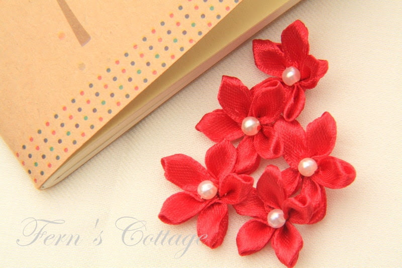 Red Satin Ribbon Flower Handmade Wedding Decoration Applique 10 PCS