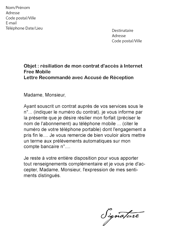 Lettre de résiliation Free (Mobile) - Modèle de Lettre