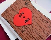 you plus me tree carving valentine's card . eco-friendly