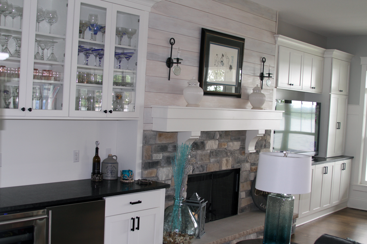 Great Toom With Home Bar Stone Fireplace Shiplap Anthony Thomas