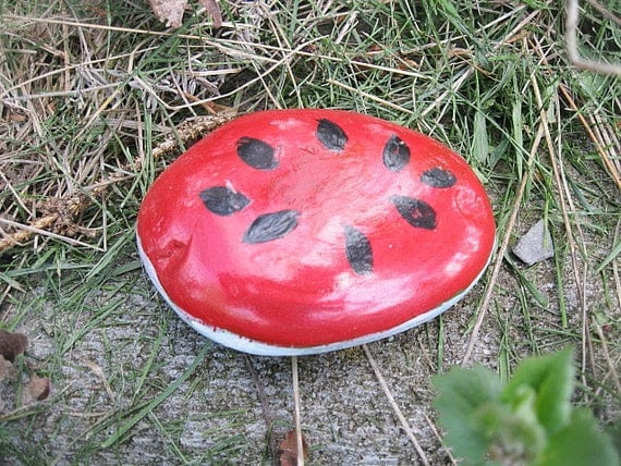 WATERMELON hand painted Great Lakes ROCK stone paperweight