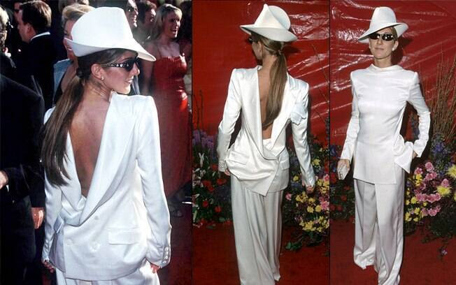 Celine Dion errou com o terno invertido assinado por Yves Saint Laurent, no Oscar de 1999