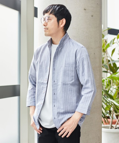 セール Mens トップス カラミストライプ7分袖シャツ シャツ ブラウス Mens Melrose メンズメルローズ のファッション
