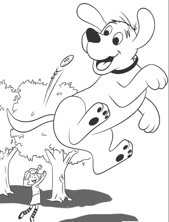 Clifford Coloring Page of the big red dog kicking a ball with friends.