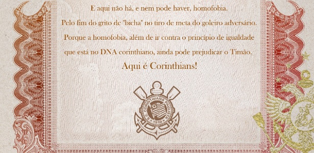  Manifesto corintiano contra a homofobia foi publicado no site oficial do clube