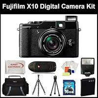 Fujifilm X10 Digital Camera Kit Includes: Fujifilm X-10 Camera, Extended Life Replacement Battery, 16GB Memory Card, Memory Card Reader, Camera Flash, Gripster Tripod, Table Top Tripod, Cleaning Kit, SSE Microfiber Cleaning Cloth and Soft Carrying Case