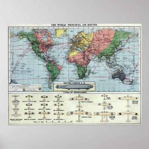 1920 AIR ROUTES of the WORLD MAP Poster