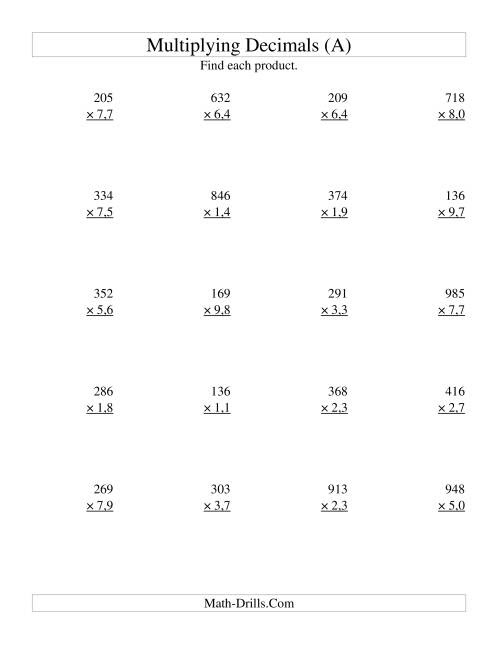 multiplying three digit whole numbers by two digit tenths a