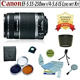 Canon EF-S 55-250mm f/4-5.6 IS lens with Opteka Filter kit, ET-60 Lens Hood, Hot shoe bubble level, 5 Piece Cleaning Kit and 5 Years warranty extension
