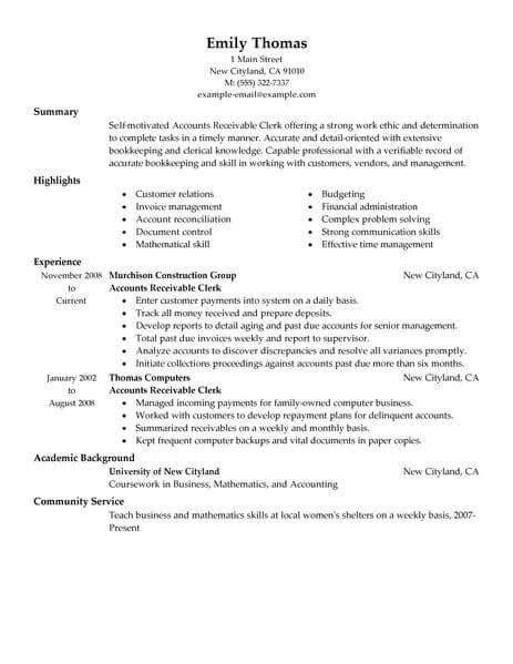 accounts receivable clerk resume  livecareer