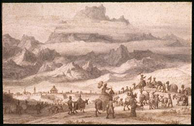 Noah's Ark on Mount Ararat, a Camel Train outside a City in the Foreground
