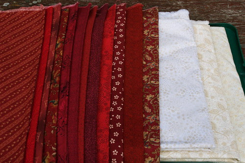 Red and White Snowball Challenge fabrics