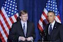 Barack Obama with Jim Messina at the St. Regis Hotel in Washington, DC on March 13, 2013