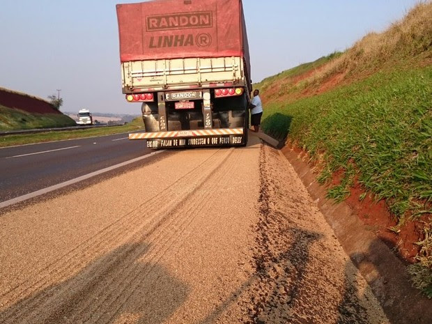 Carga de trigo se espalhou por rodovia após pneu de carreta estourar na BR-369 (Foto: Alberto D´Angele/RPC)