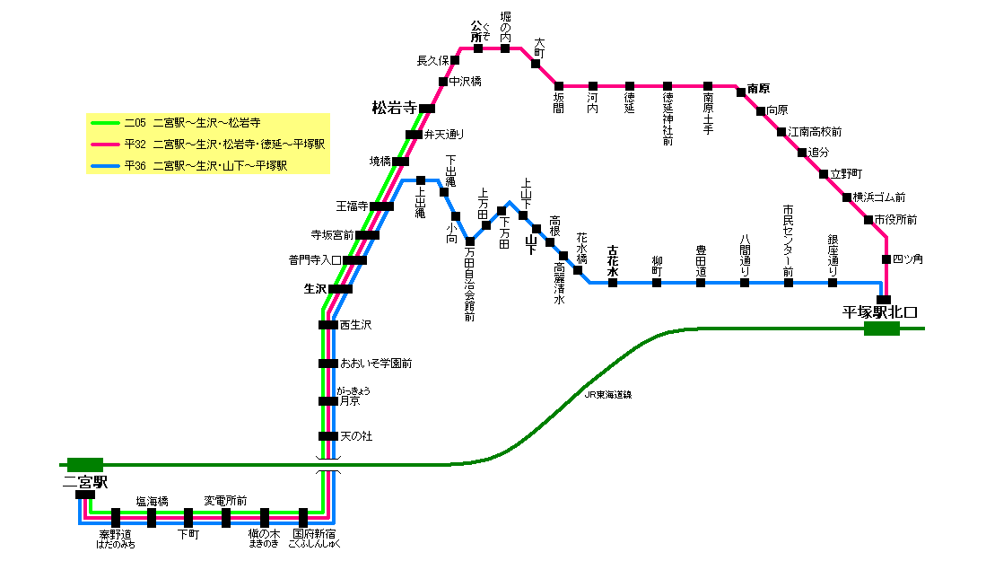二宮駅南口乗り場2 神奈中バス時刻表 平32 平塚駅北口行き 平36 平塚駅北口行き 二05 松岩寺行き パストラル
