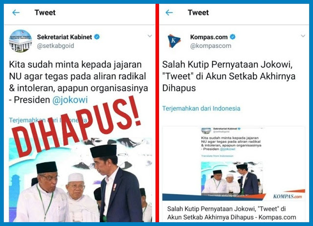 ANEH BIN LUCU... Twit Dihapus, Bukannya Setkab Yang ”KLARIFIKASI” Malah Kompas, Satu ADMIN?