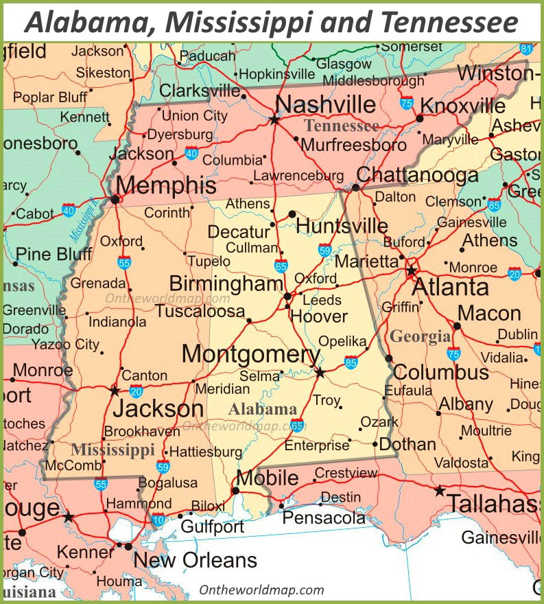 map of mississippi and alabama Map Of Alabama Mississippi And Tennessee map of mississippi and alabama