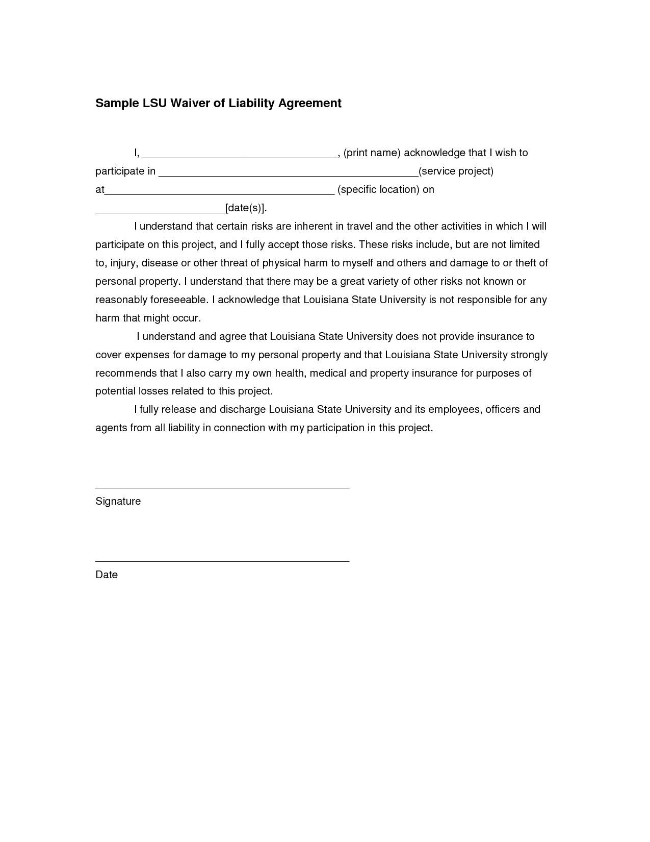 Waiver Of Liability Sample - Free Printable Documents