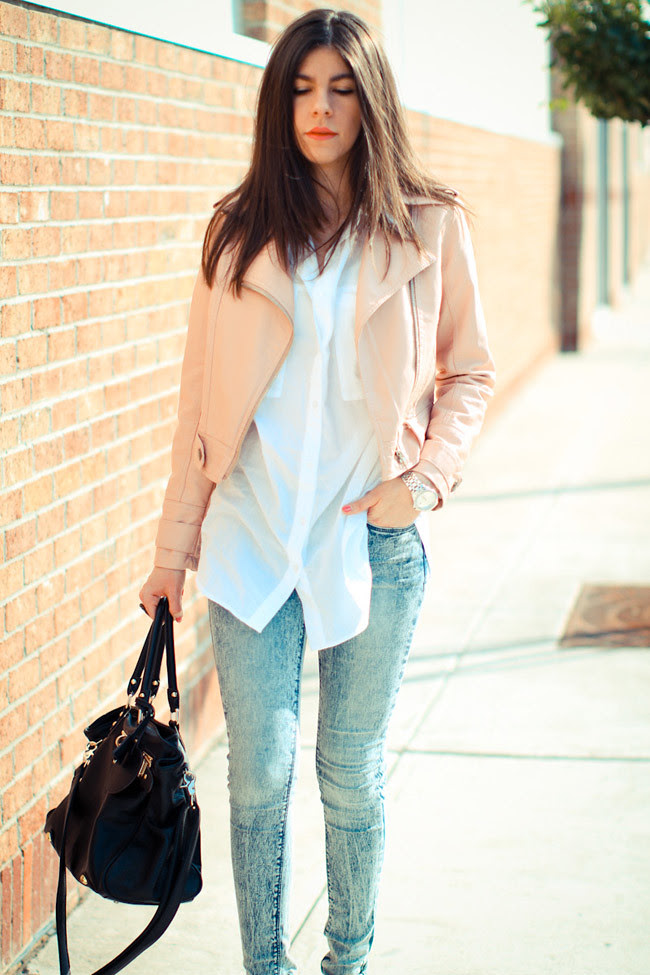 Pink Leather Jacket, Acid Wash Skinny Jeans, Urban Outfitters BDG, Nine West Heels, Paddington bag, Fashion, outfit